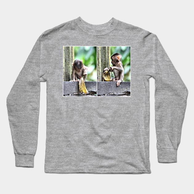 Pig-tailed Macaque Baby Playing, Borneo Long Sleeve T-Shirt by Carole-Anne